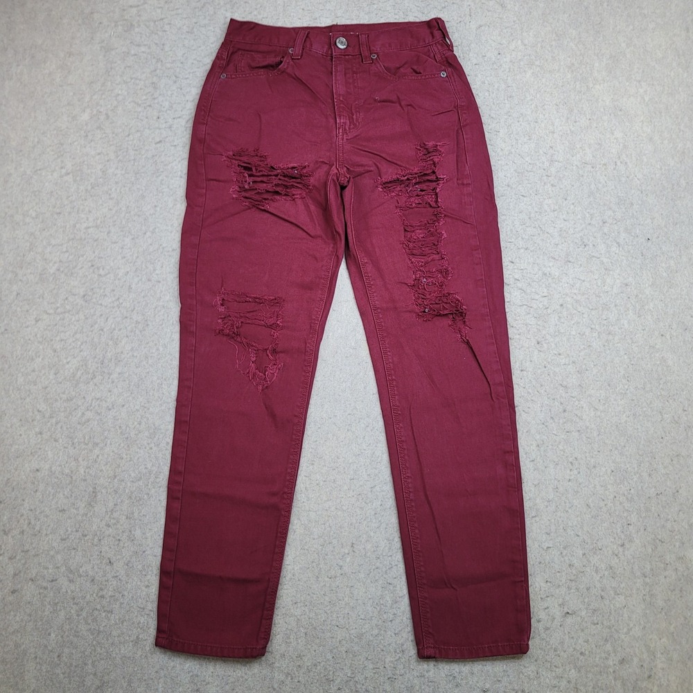 American Eagle Mom Jeans Womens 2 Reg Red Denim Distressed 27x27 High Rise
